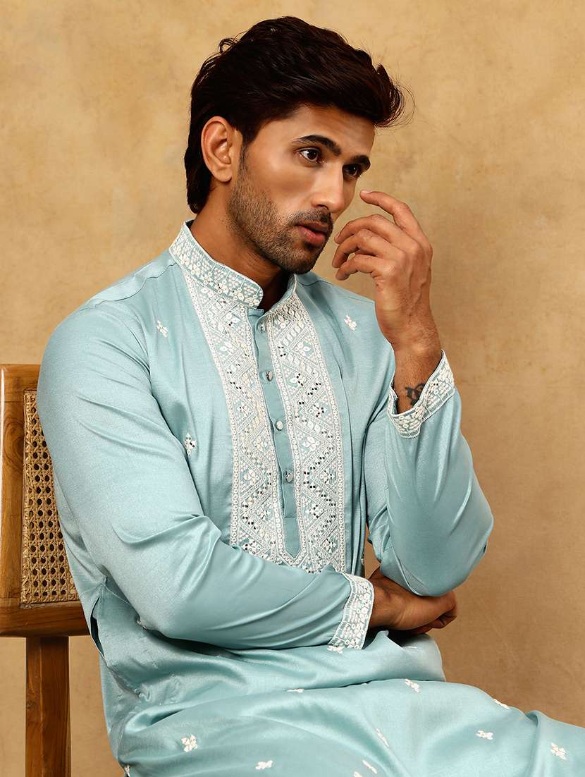 Men Blue Silk Blend Long Kurtas Kurta - 22476956 -  Standard Image - 1
