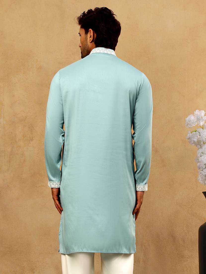 Men Blue Silk Blend Long Kurtas Kurta - 22476956 -  Standard Image - 4