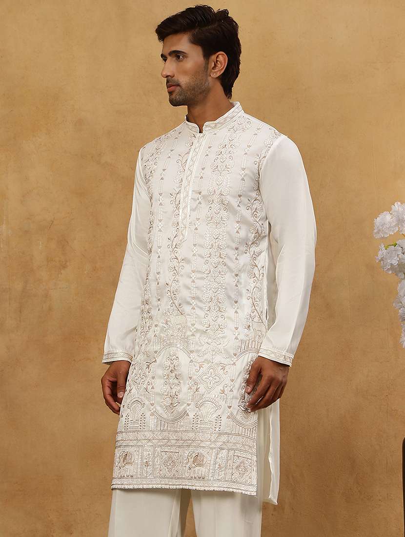 men white silk blend long kurtas kurta - 22476957 -  Standard Image - 4