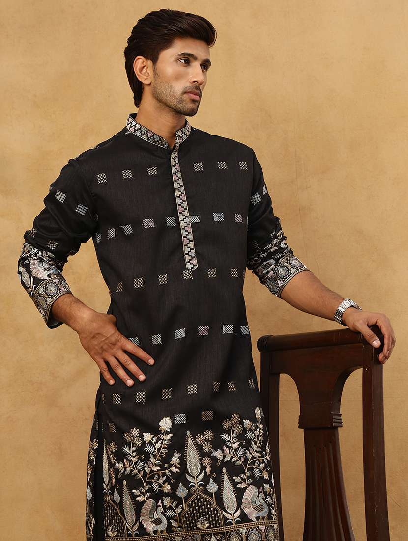 Men Black Silk Blend Long Kurtas Kurta - 22476959 -  Standard Image - 1