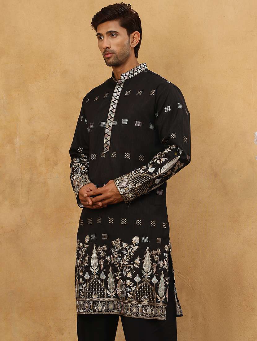 Men Black Silk Blend Long Kurtas Kurta - 22476959 -  Standard Image - 4