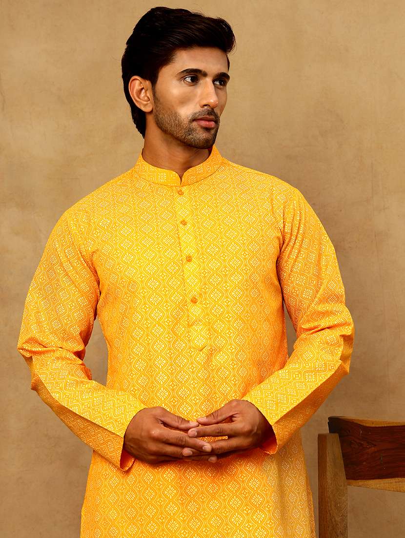 men orange cotton long kurtas kurta - 22476964 -  Standard Image - 1