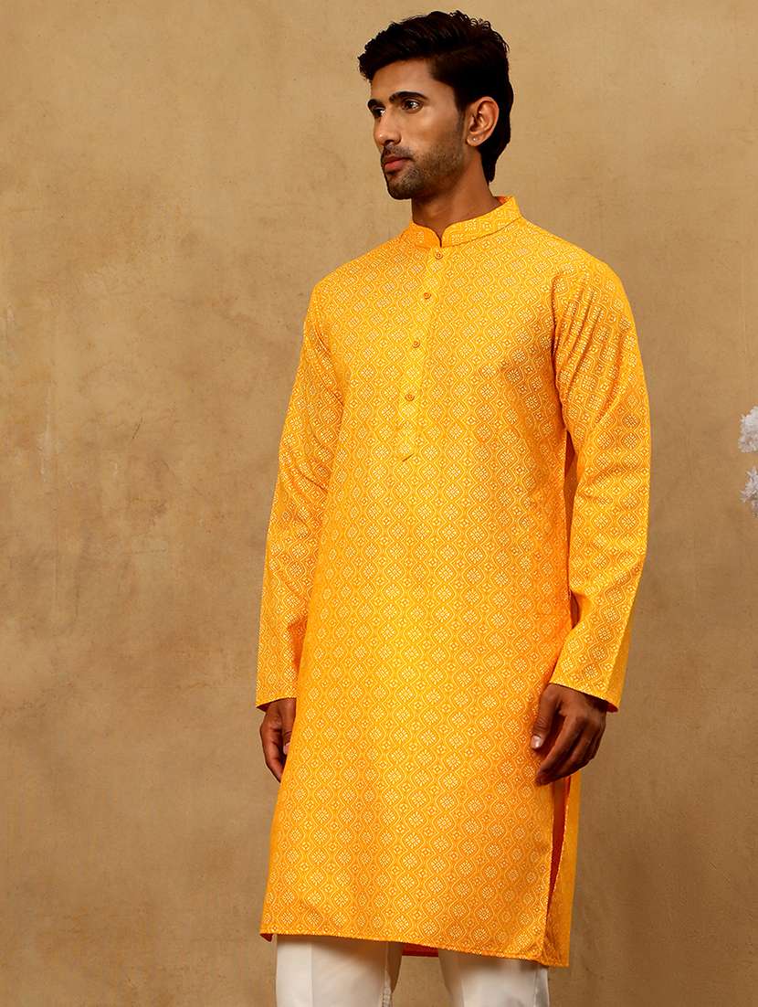 men orange cotton long kurtas kurta - 22476964 -  Standard Image - 4