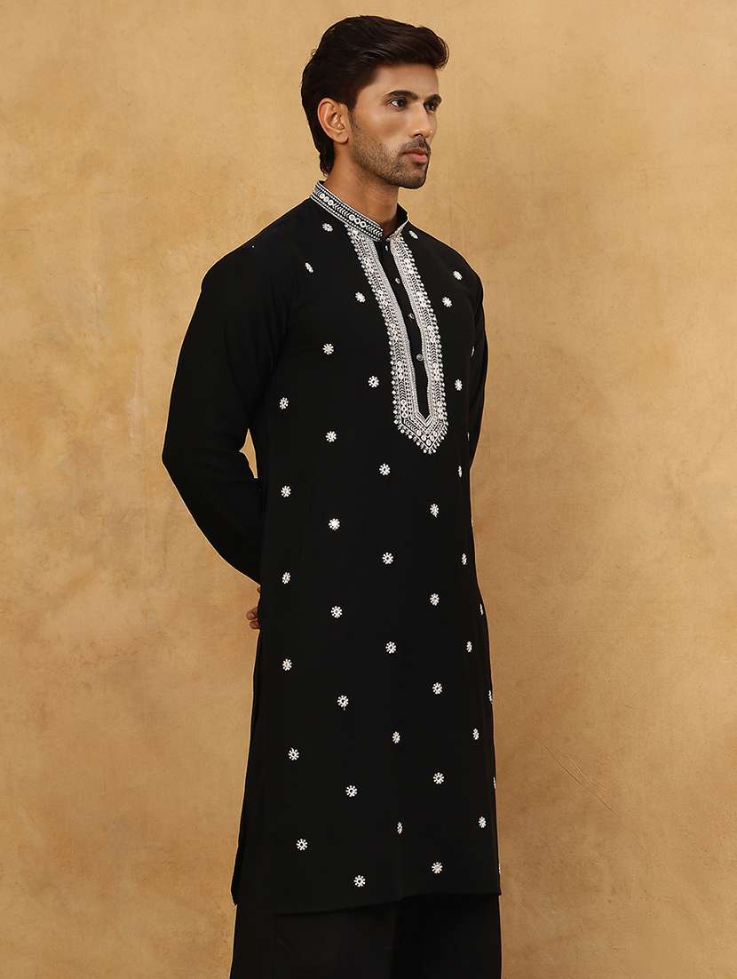 Men Black Cotton Long Kurtas Kurta - 22476973 -  Standard Image - 4