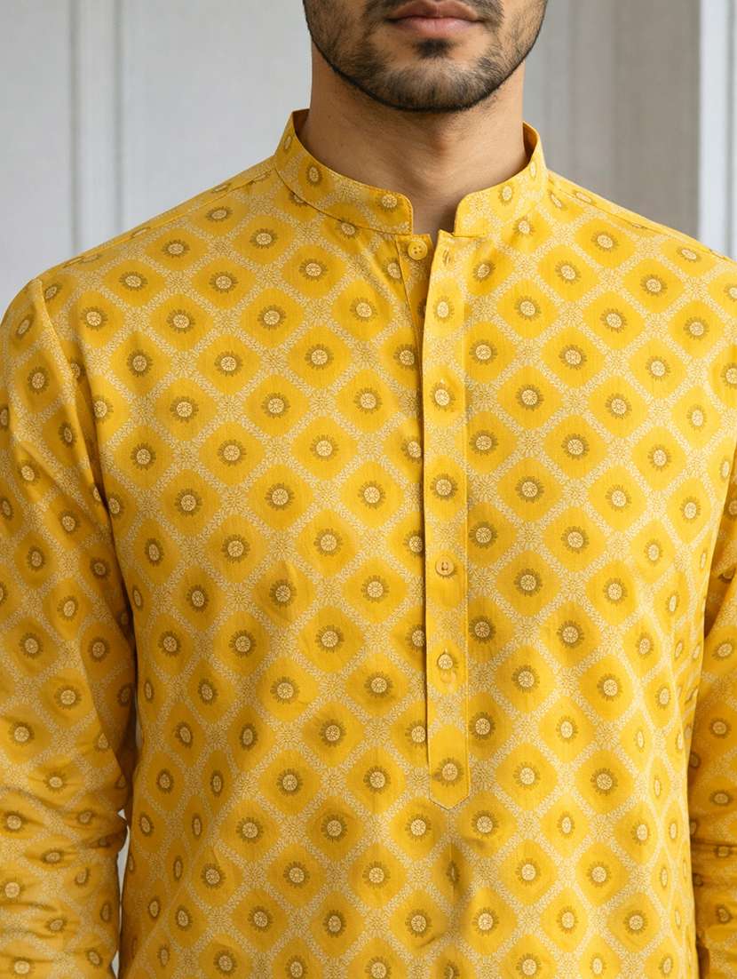 men yellow cotton long kurtas kurta - 22476982 -  Standard Image - 1