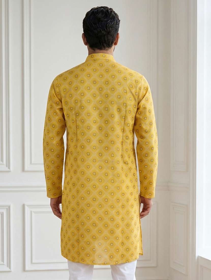 men yellow cotton long kurtas kurta - 22476982 -  Standard Image - 4