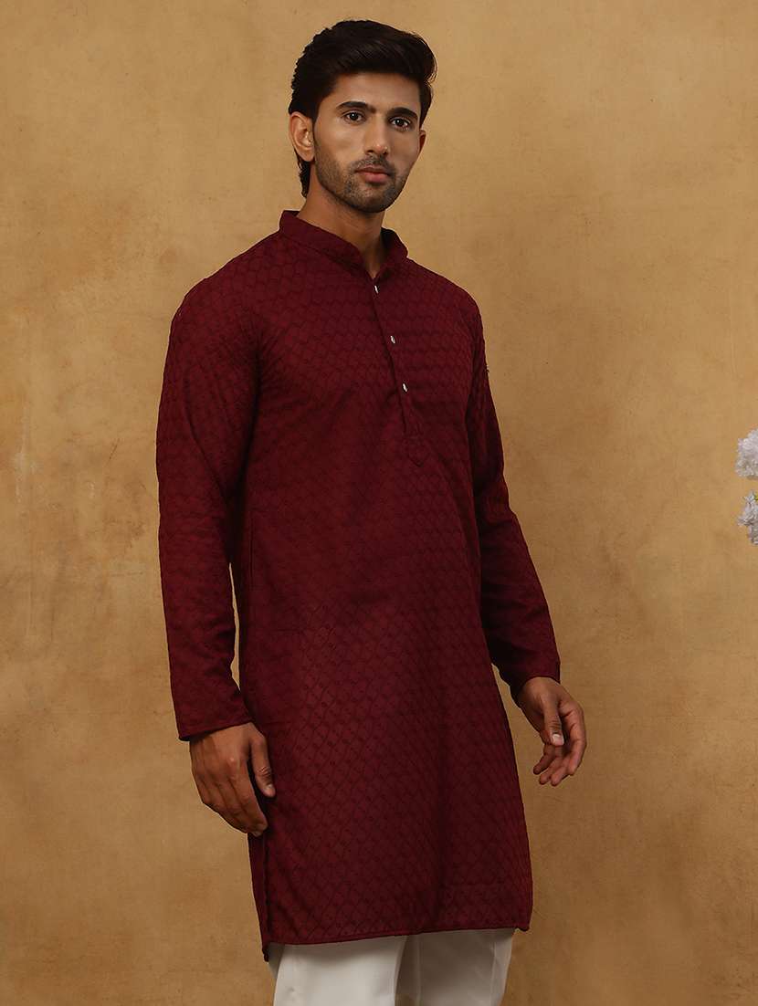 men maroon cotton long kurtas kurta - 22476998 -  Standard Image - 4