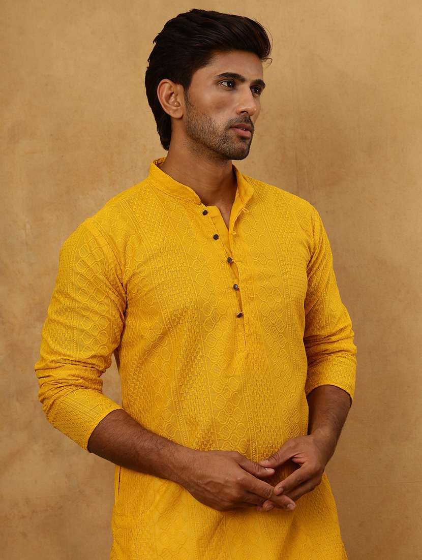 men mustard cotton long kurtas kurta - 22477002 -  Standard Image - 1