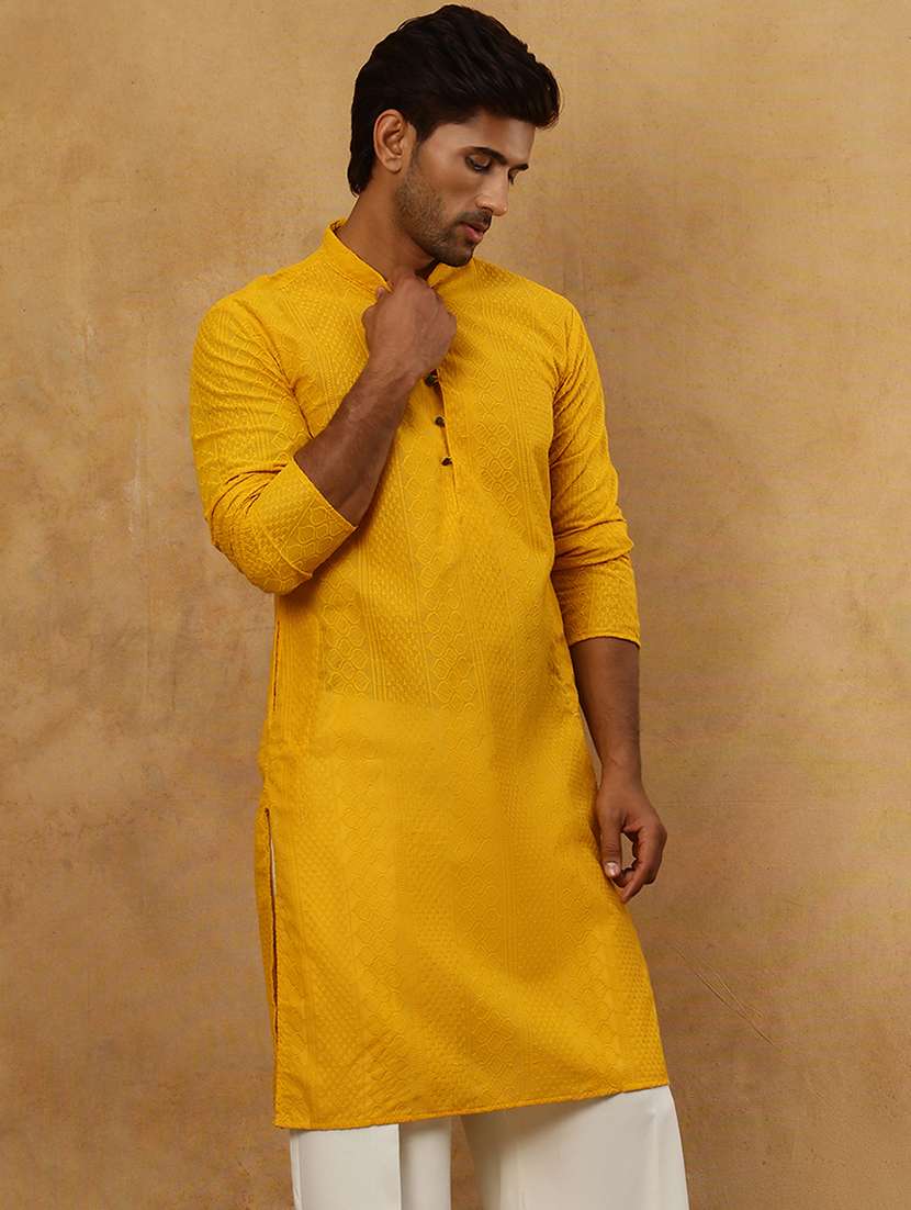 men mustard cotton long kurtas kurta - 22477002 -  Standard Image - 4