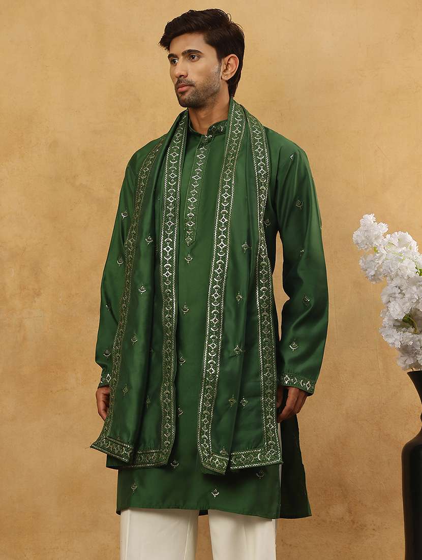 men green silk blend long kurtas kurta - 22477012 -  Standard Image - 4
