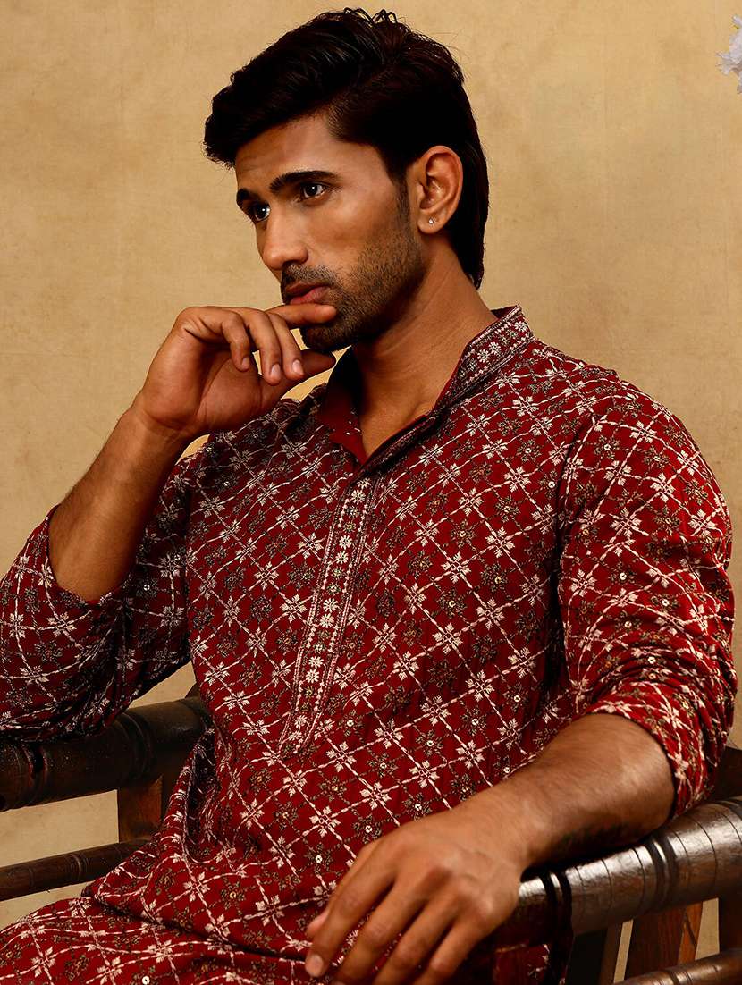 men solid with work mandarin neck long kurta - 22477013 -  Standard Image - 1