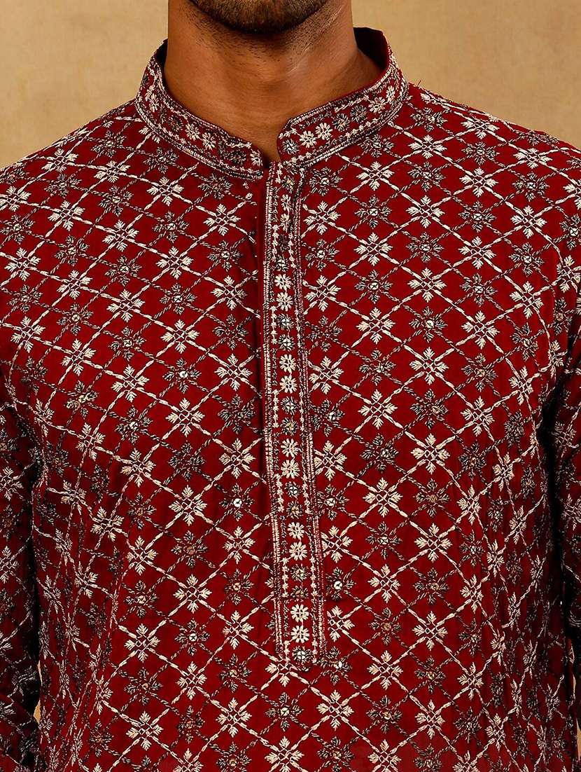 men solid with work mandarin neck long kurta - 22477013 -  Standard Image - 4