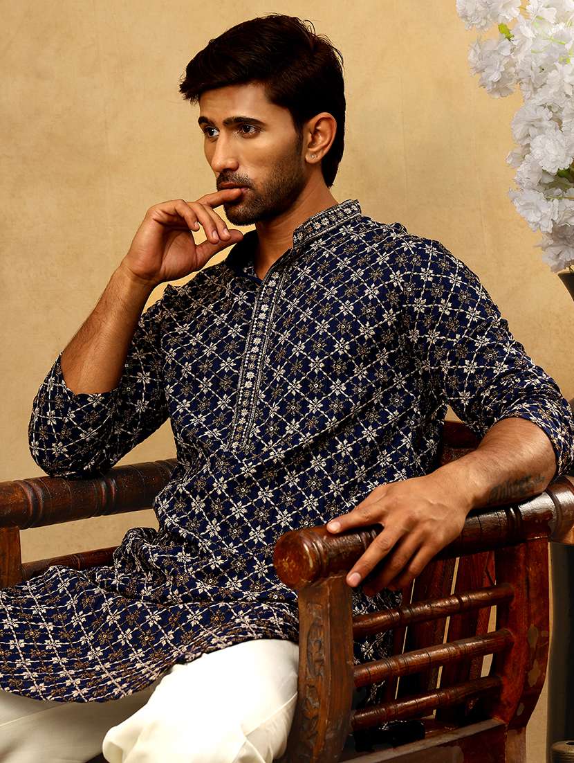 men navy blue viscose long kurtas kurta - 22477015 -  Standard Image - 1