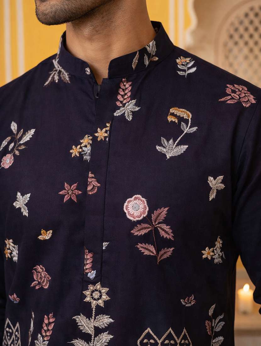 Men Navy Blue Silk Blend Long Kurtas Kurta - 22477016 -  Standard Image - 1