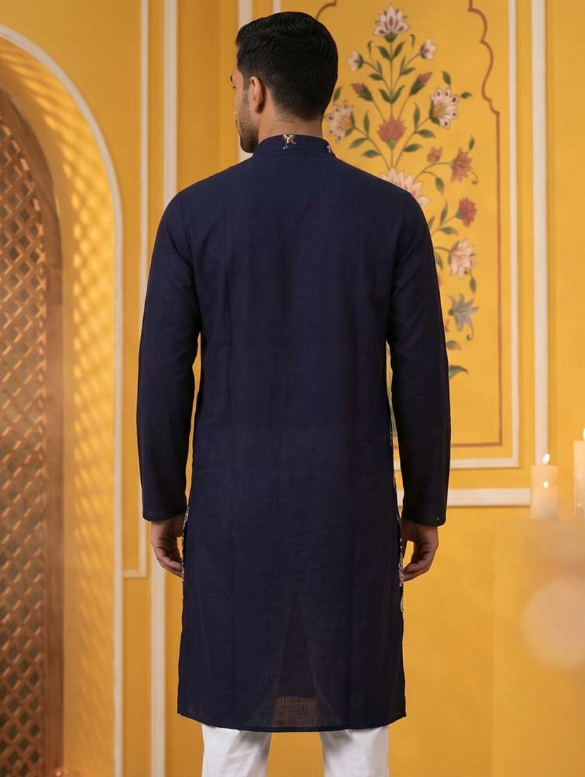 Men Navy Blue Silk Blend Long Kurtas Kurta - 22477016 -  Standard Image - 4
