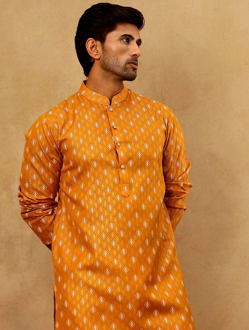 men mustard cotton long kurtas kurta - 22477022 -  Standard Image - 1