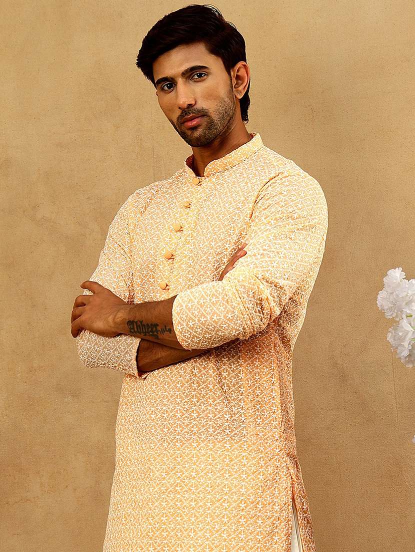 Men Orange Cotton Kurta Pyjama Ethnic Wear Set - 22477043 -  Standard Image - 1
