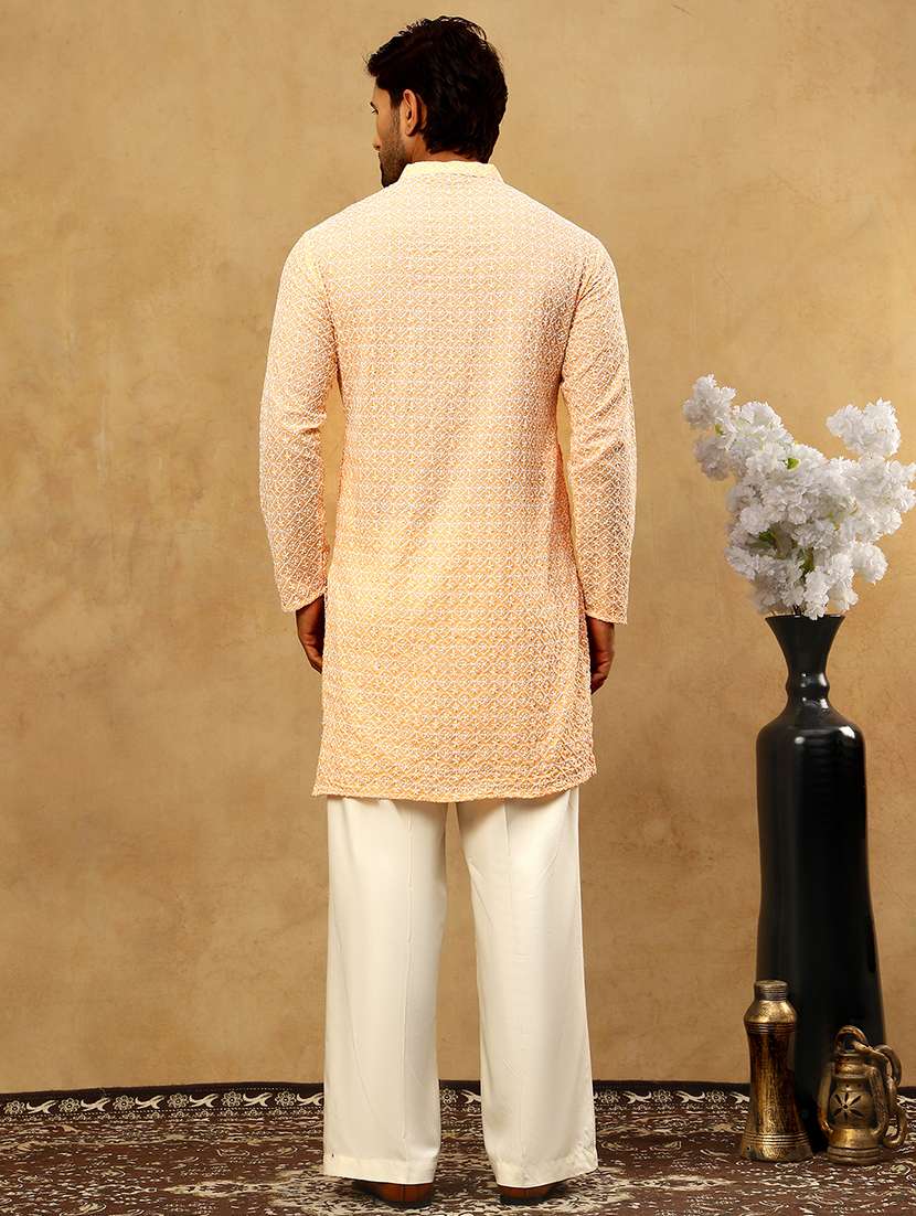 Men Orange Cotton Kurta Pyjama Ethnic Wear Set - 22477043 -  Standard Image - 4