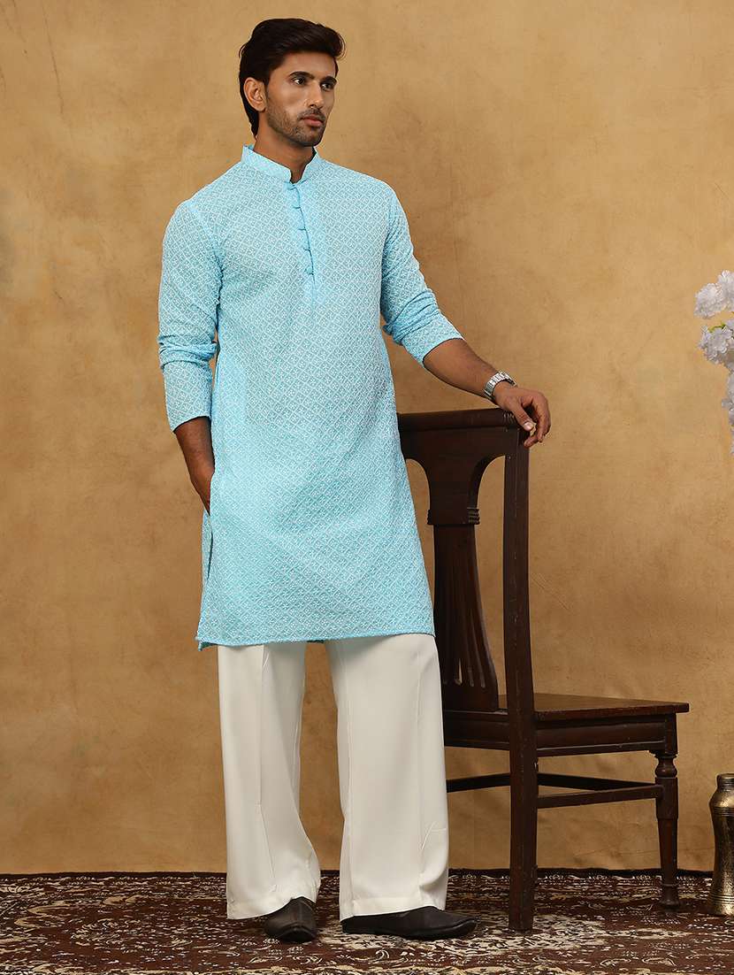 men blue cotton kurta pyjama ethnic wear set