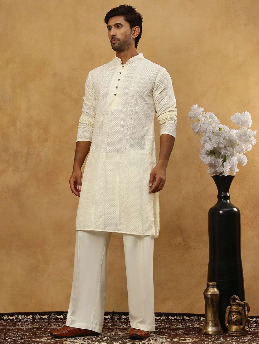 men cream cotton kurta pyjama ethnic wear set