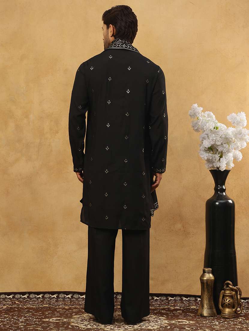 men black silk blend kurta pyjama ethnic wear set - 22477064 -  Standard Image - 4