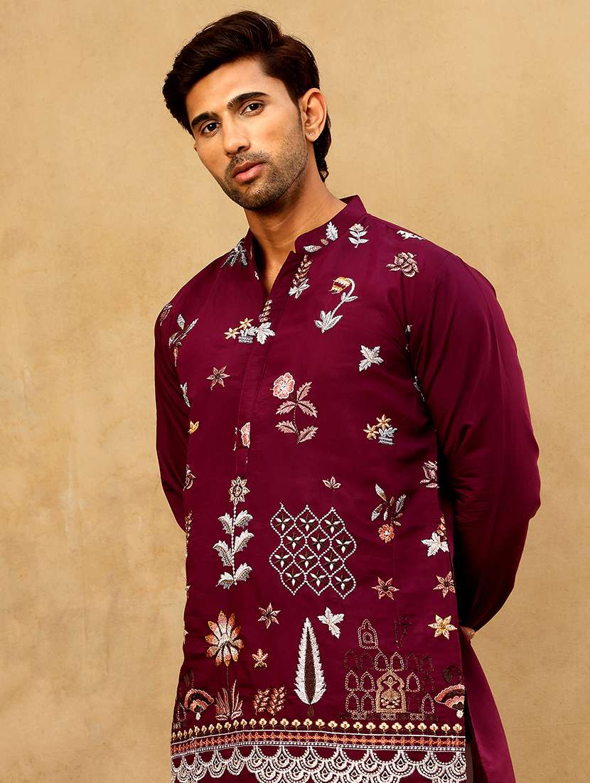 men wine silk blend kurta pyjama ethnic wear set - 22477074 -  Standard Image - 1