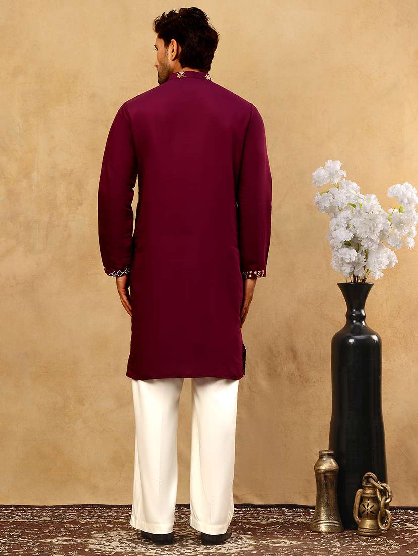 men wine silk blend kurta pyjama ethnic wear set - 22477074 -  Standard Image - 4