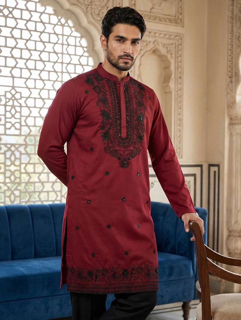 men maroon silk blend kurta pyjama ethnic wear set