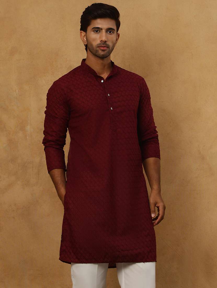 men maroon cotton kurta pyjama ethnic wear set