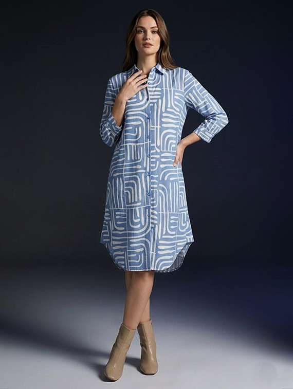 women printed blue viscose straight dress