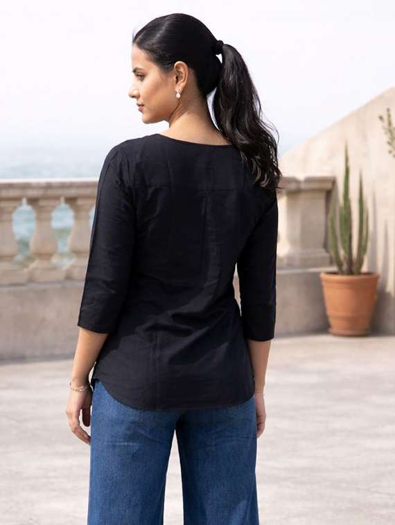 Women Black Linen Regular Top - 22477443 -  Standard Image - 4