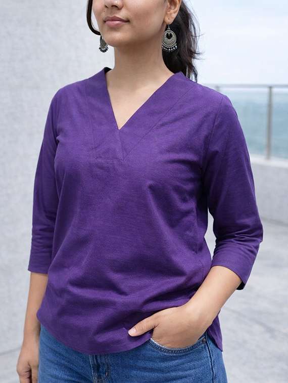 Women Purple Linen Regular Top - 22477445 -  Standard Image - 1