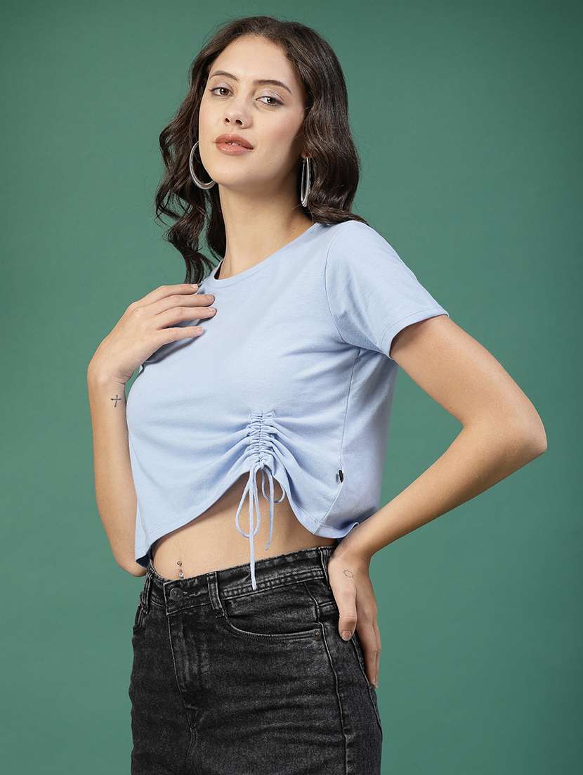 women solid blue cotton regular top