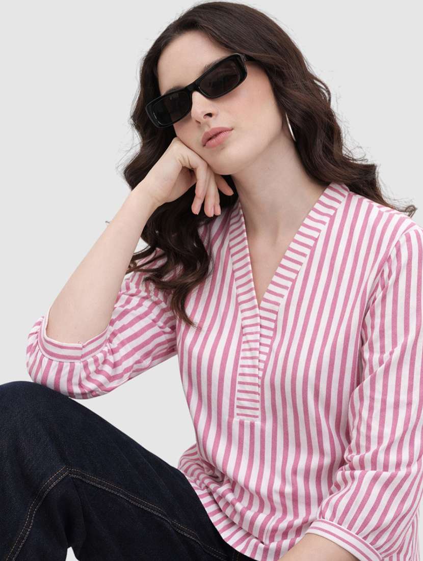 women striped three quarter sleeves v neck top - 22477539 -  Standard Image - 1