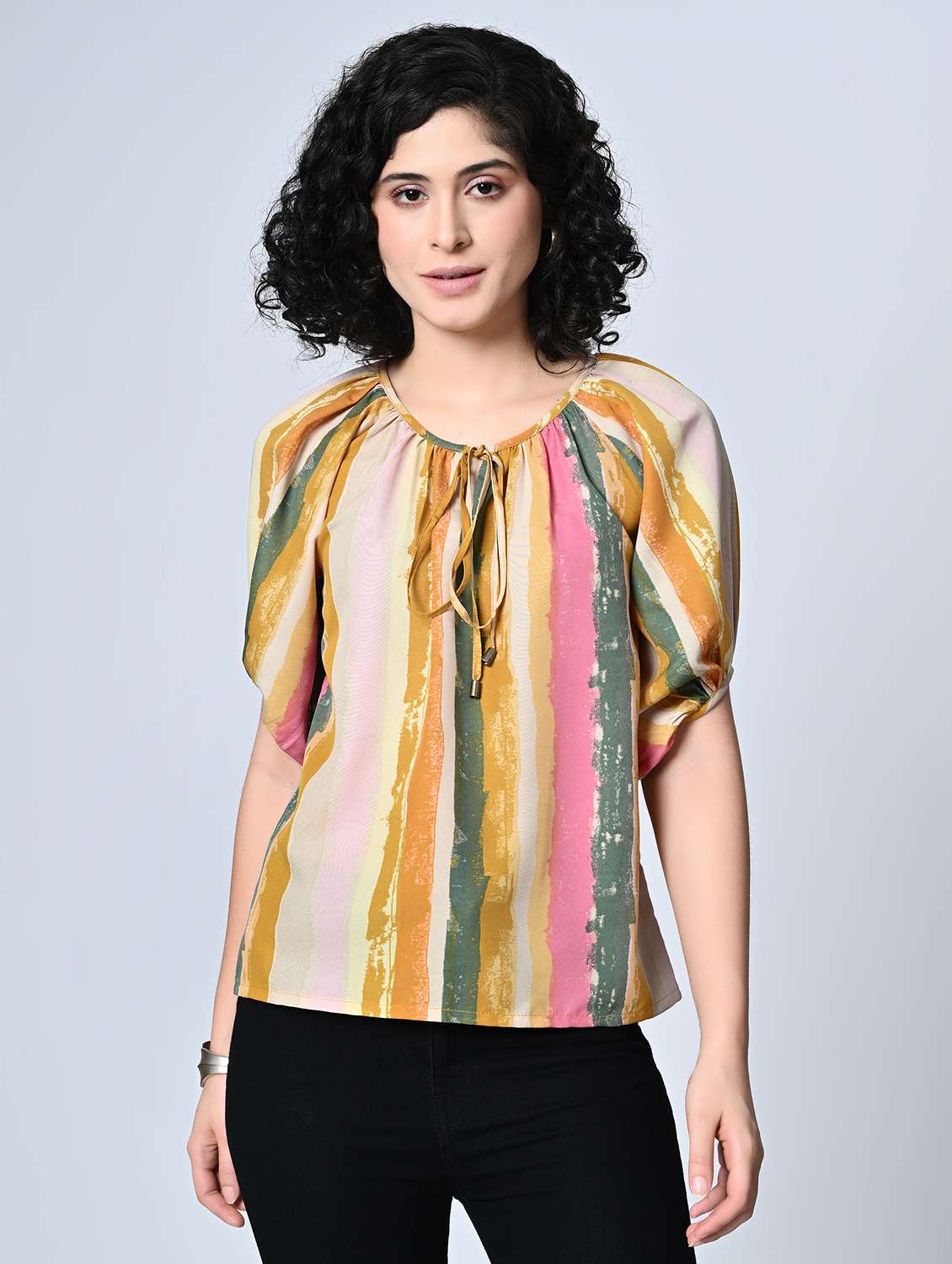 girls striped tie-up short sleeves crepe top