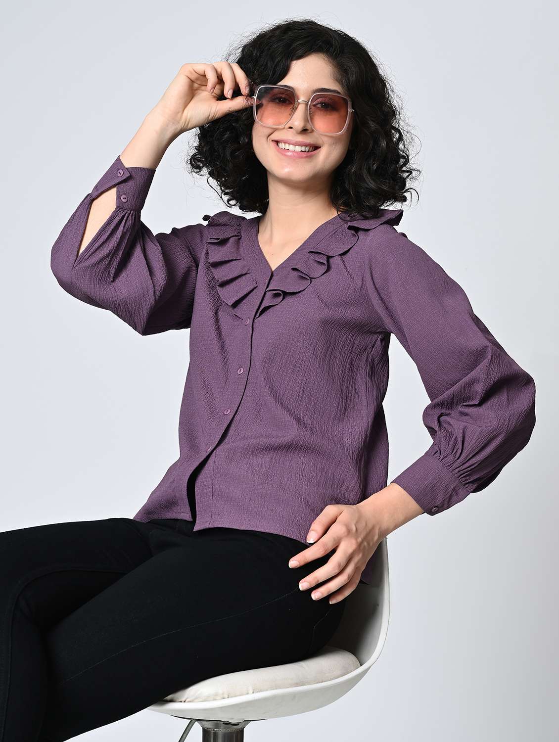 girls textured v-neck long sleeves top