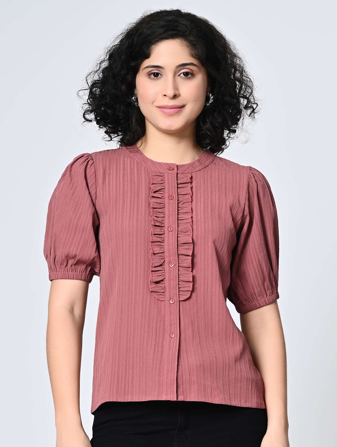 girls polyester puff sleeve round neck top