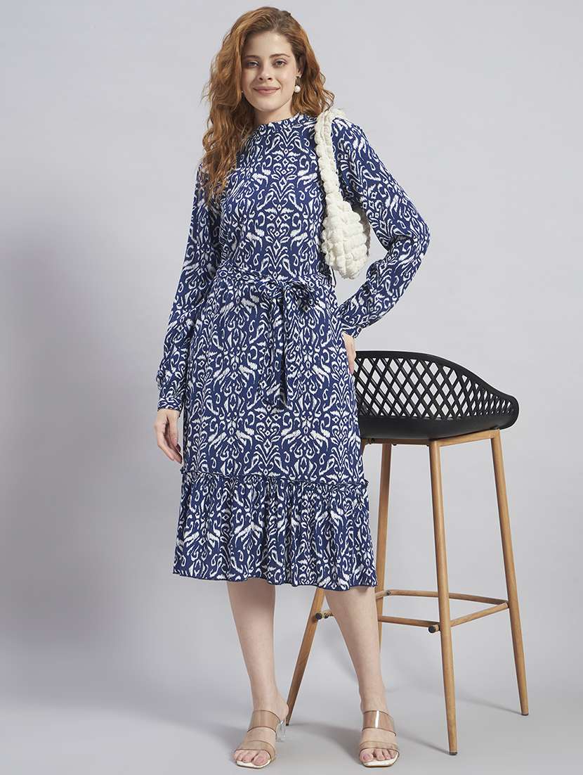 women printed long sleeves tiered midi dress