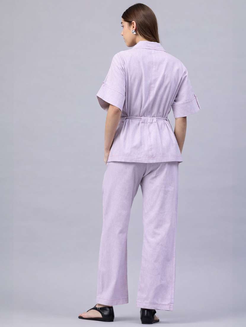 women solid short sleeves shirt and trouser co-ord set - 22477601 -  Standard Image - 4