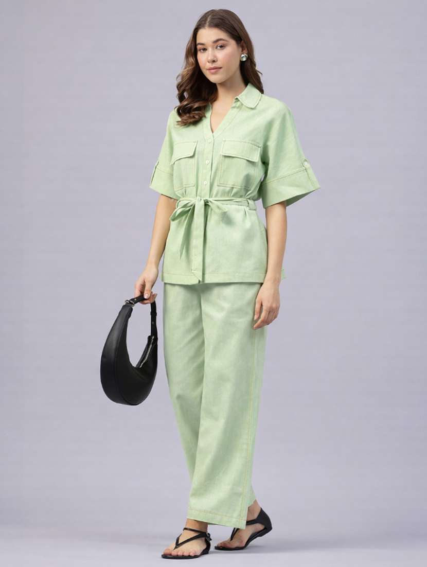women solid short sleeves shirt and trouser co-ord set