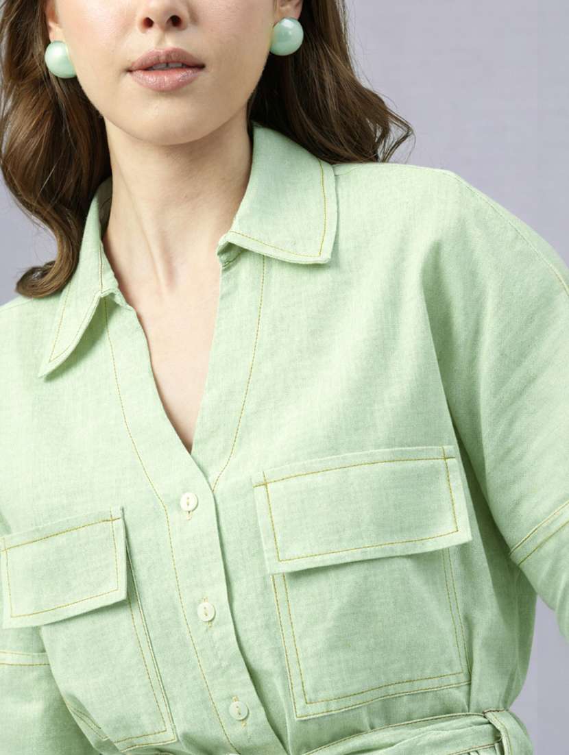 women solid short sleeves shirt and trouser co-ord set - 22477602 -  Standard Image - 1
