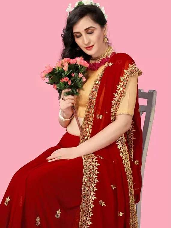 women solid with work embroidered saree with blouse - 22478164 -  Standard Image - 1