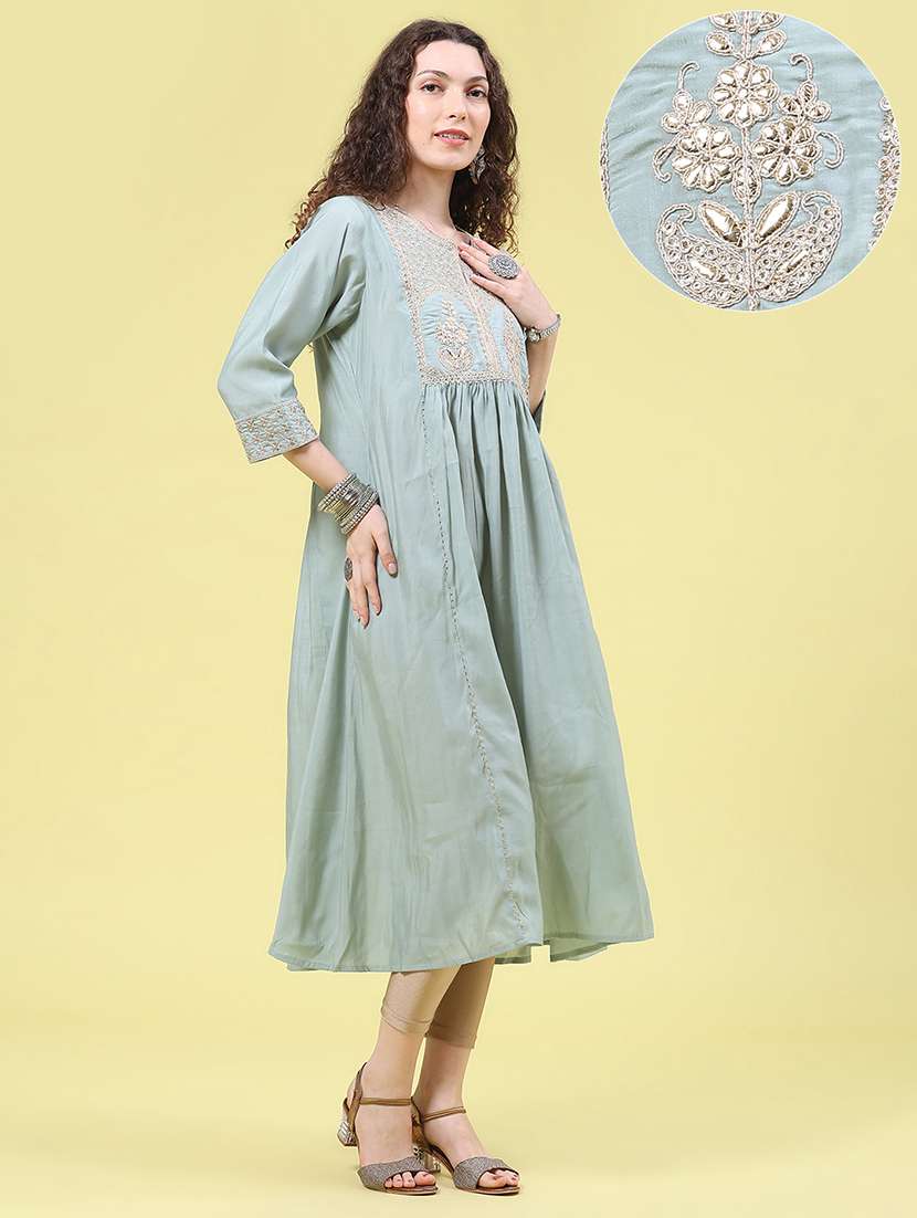 Women Solid With Work Three Quarter Sleeve A-line Kurta - 22479713 -  Standard Image - 4