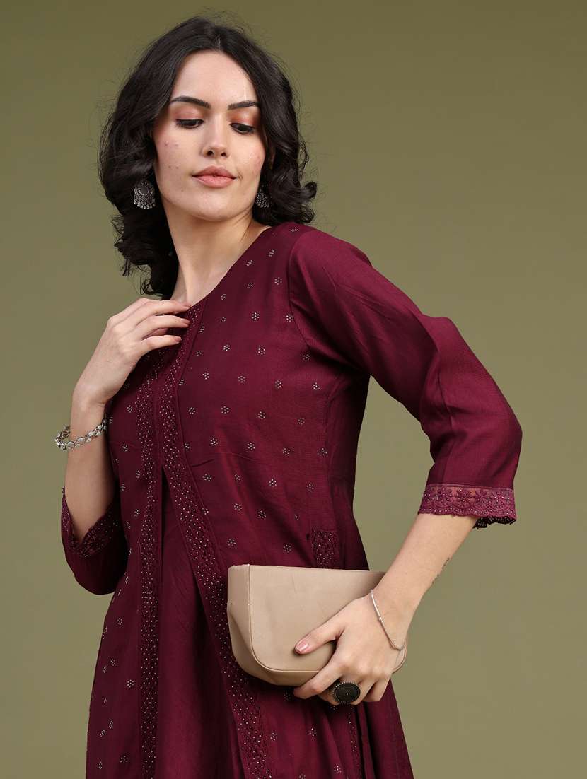 Women Solid With Work Three Quarter Sleeve Flared Kurta - 22480348 -  Standard Image - 1