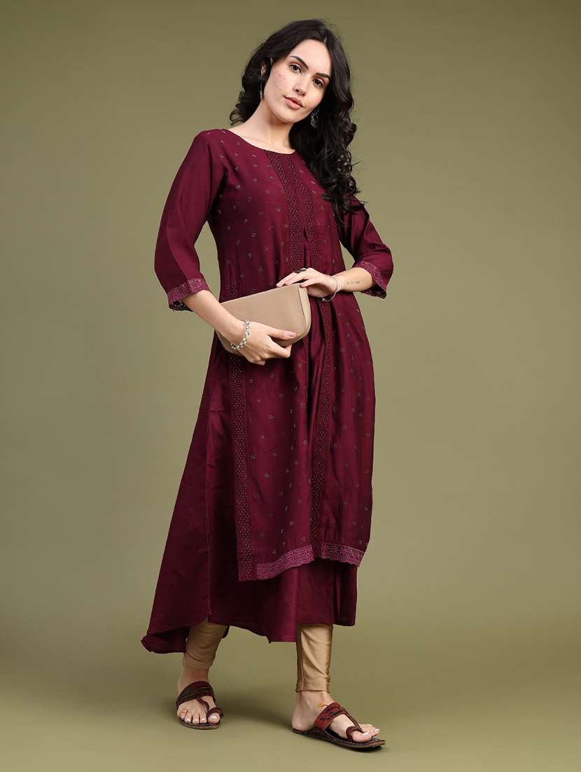 Women Solid With Work Three Quarter Sleeve Flared Kurta - 22480348 -  Standard Image - 4