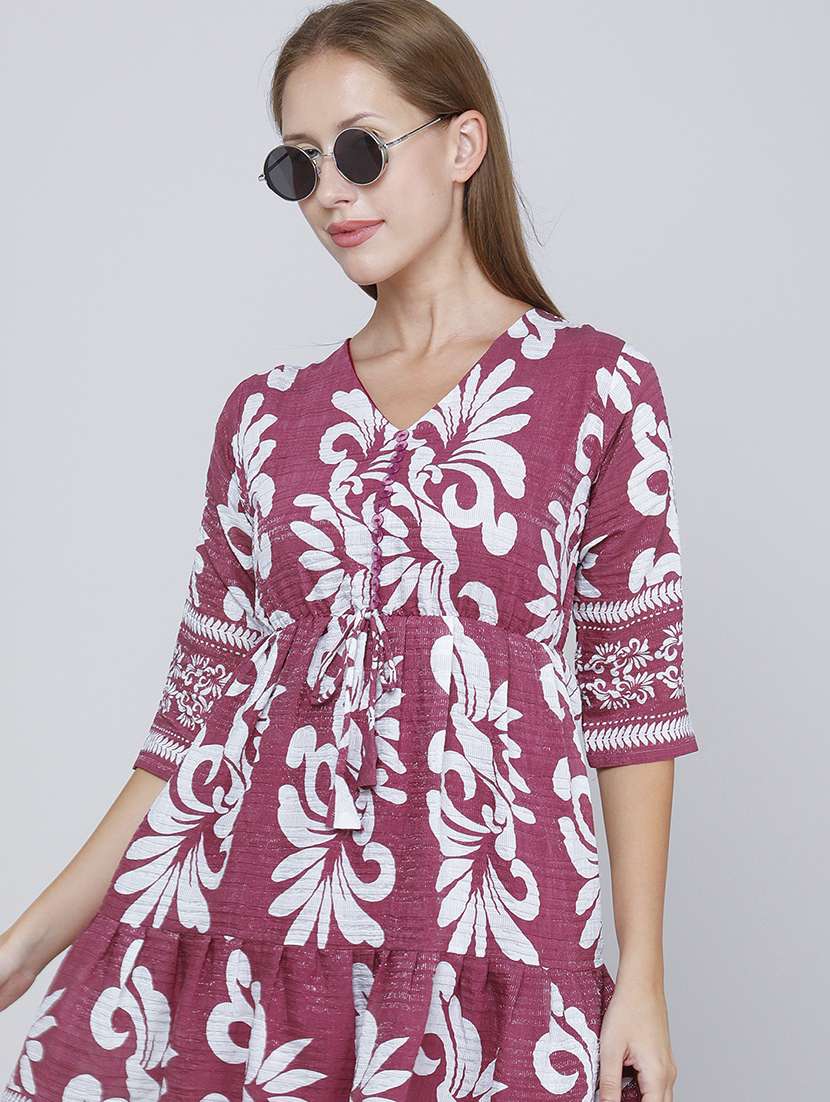 women printed three quarter sleeves tiered dress