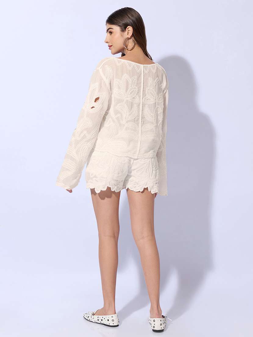 Women Embroidered Round Neck Top And Shorts Co-ord Set - 22480601 -  Standard Image - 4