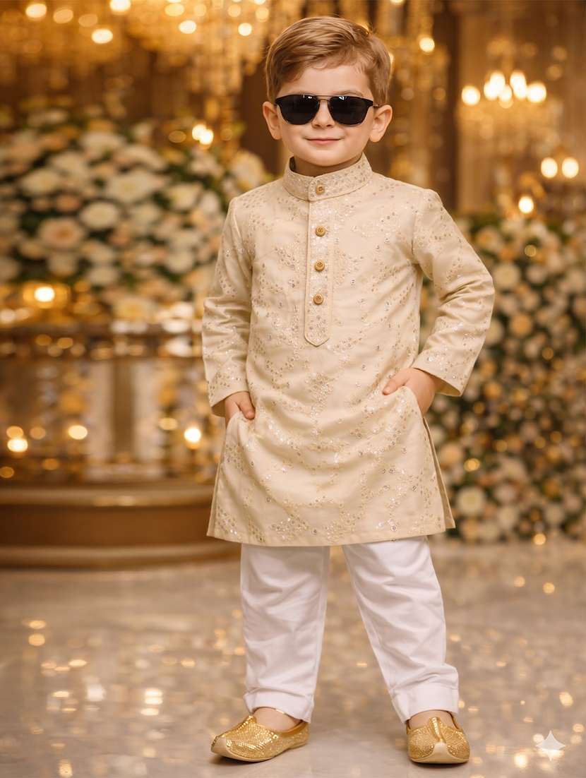 boys  embroidered cotton blend kurta and pyjama set