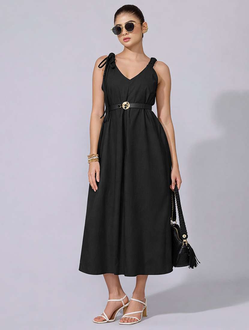 women solid sleeveless a-line midi dress