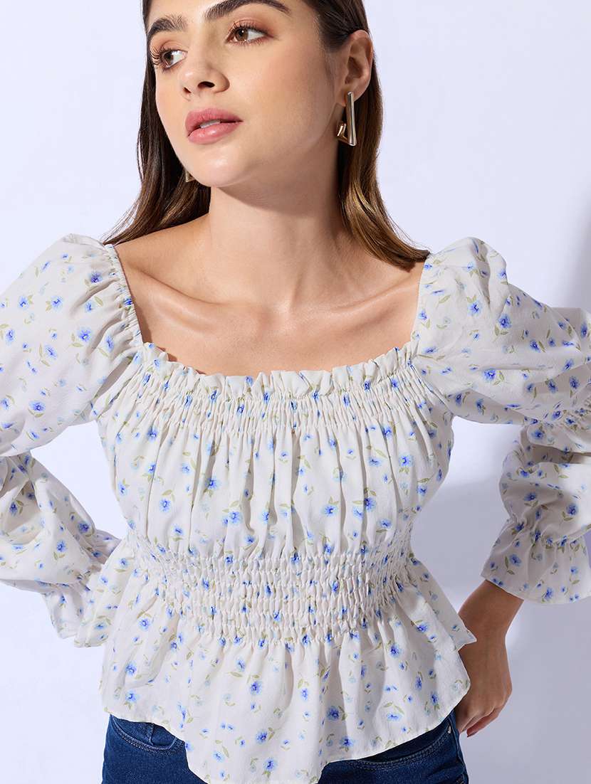 women printed long sleeves ruched peplum top - 22480663 -  Standard Image - 1